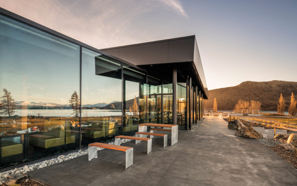 View of exterior of Dark Sky Project base building at sunset