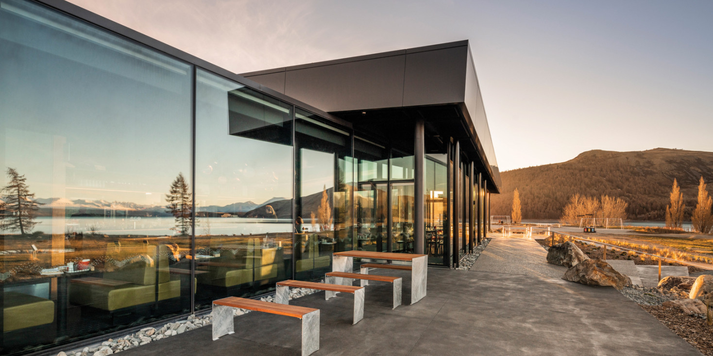 View of exterior of Dark Sky Project base building at sunset